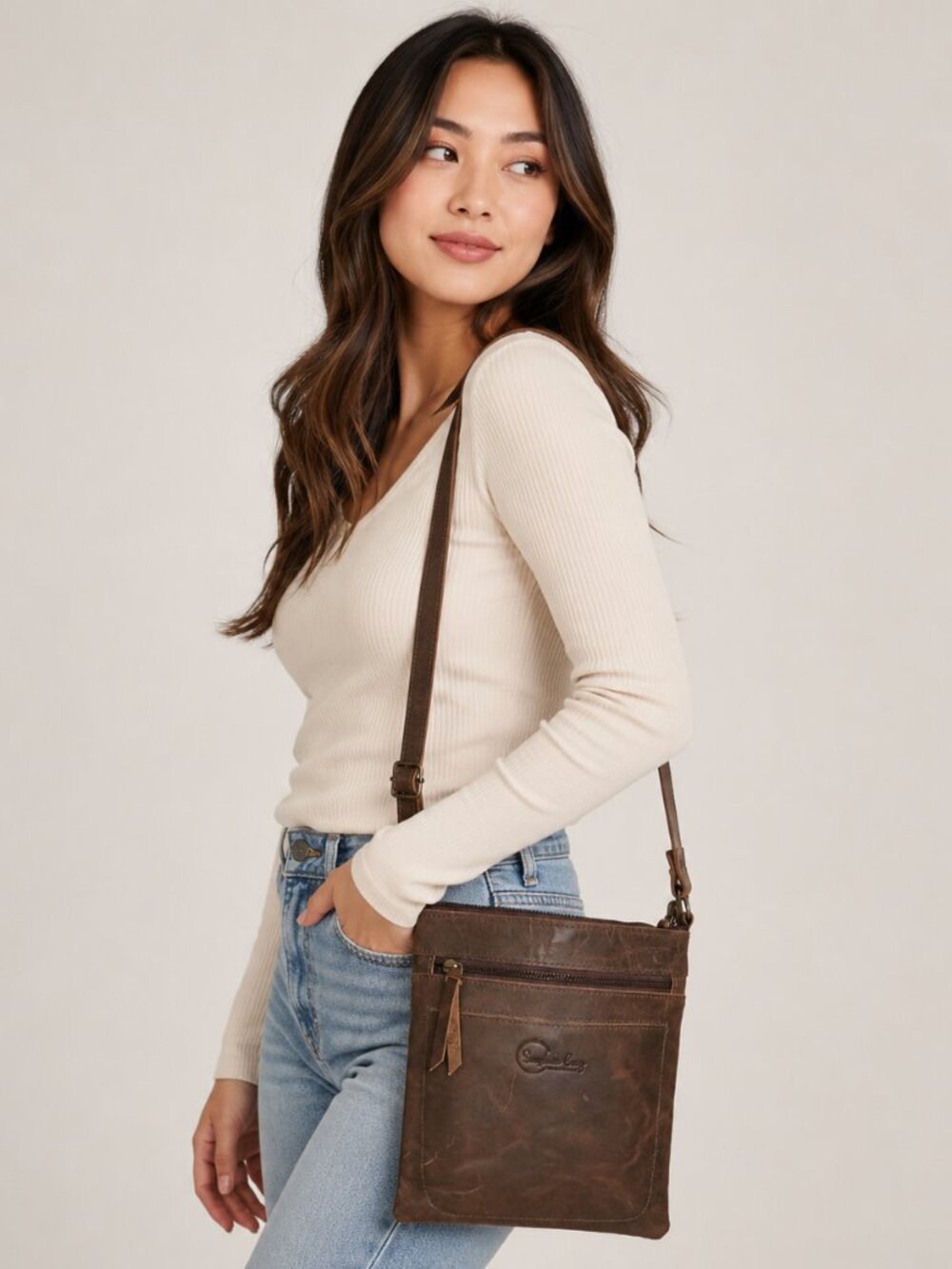 NEW in BOX, genuine top-grain leather crossbody handbag